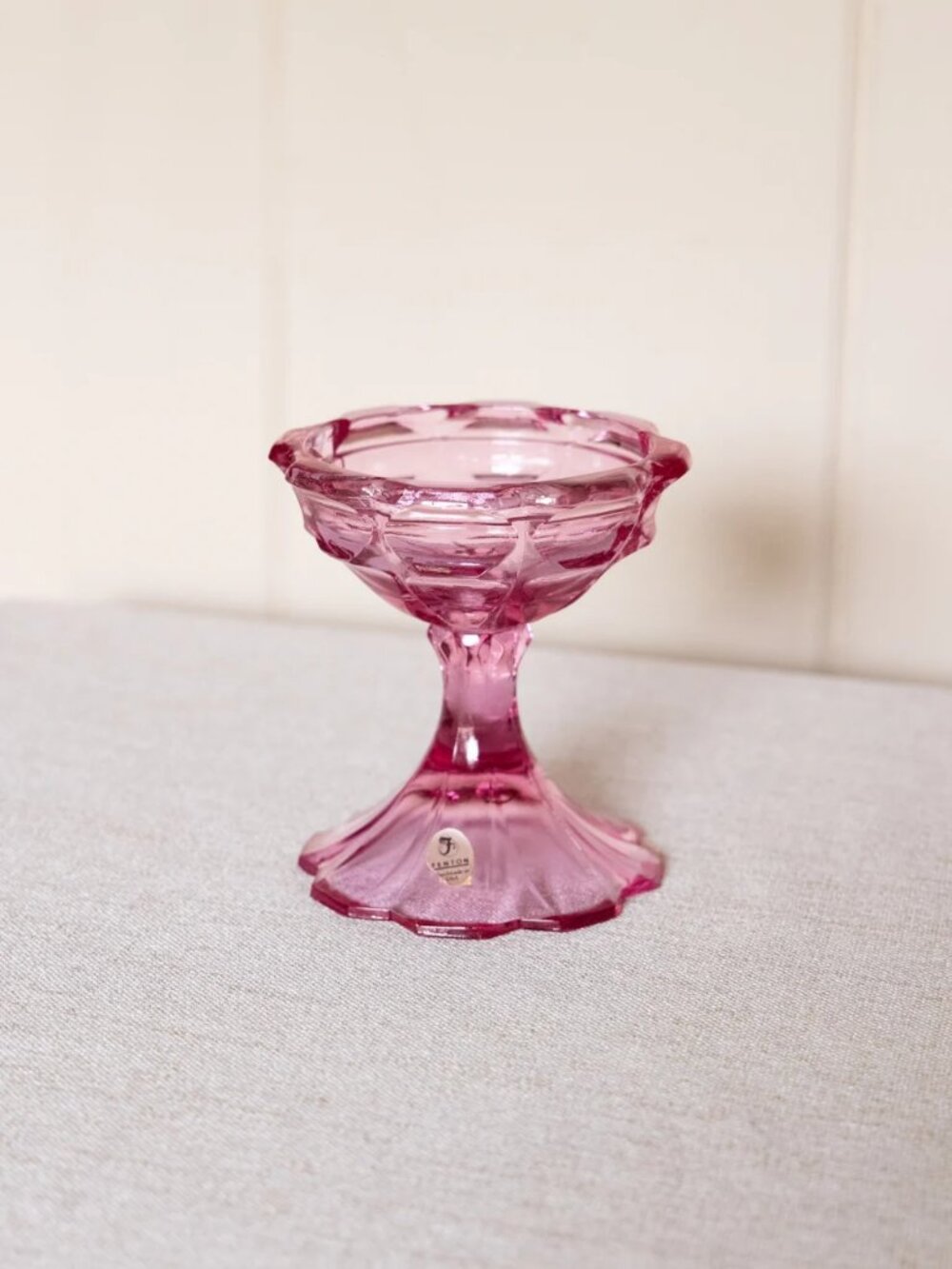 Vintage Fenton Medium Dark Pink Glass Taper or Pillar Candleholder